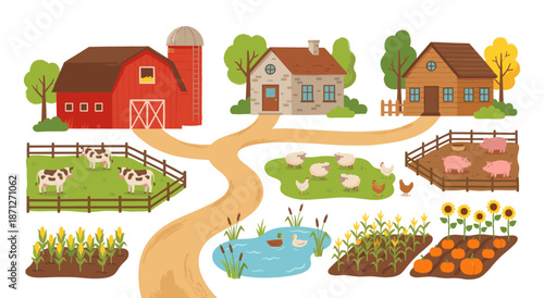 Farm animals, buildings and crops on rural land