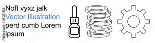 Business, finance, technology, industrial processes, digital design, text elements. Icons of a bottle, stacked coins and a gear alongside placeholder text. Business and finance concepts