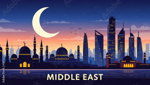 Middle East City Skyline with Mosques and Crescent Moon at Dusk, Vector Illustration