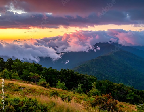 Dramatic sunset over the Blue Ridge Mountains landscape.