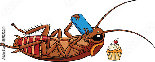 Funny cartoon cockroach lying on its back using a blue smartphone while looking at a delicious cupcake with a cherry on top.