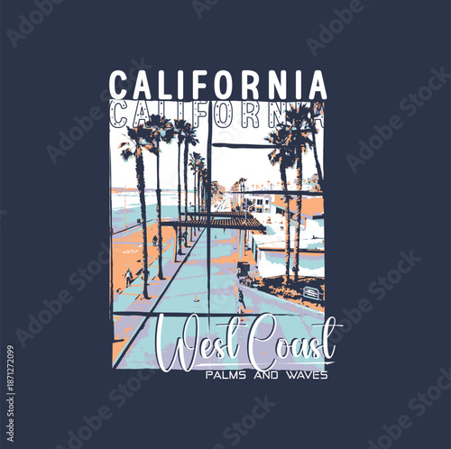 california beach, miami, westcoast beach graphics, illustration, typographic, mens print