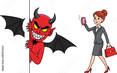 Funny cartoon red devil with horns and wings hiding behind wall peeking at businesswoman using smartphone, cyber security and digital scam concept.