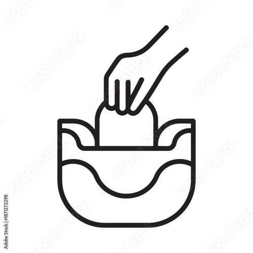 Hand dipping into a bowl of liquid simple line art illustration