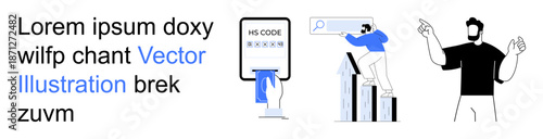 Cybersecurity, data privacy, online authentication, business analytics, financial growth, user interaction. A hand entering data, a person climbing charts and a presenter. Cybersecurity and data