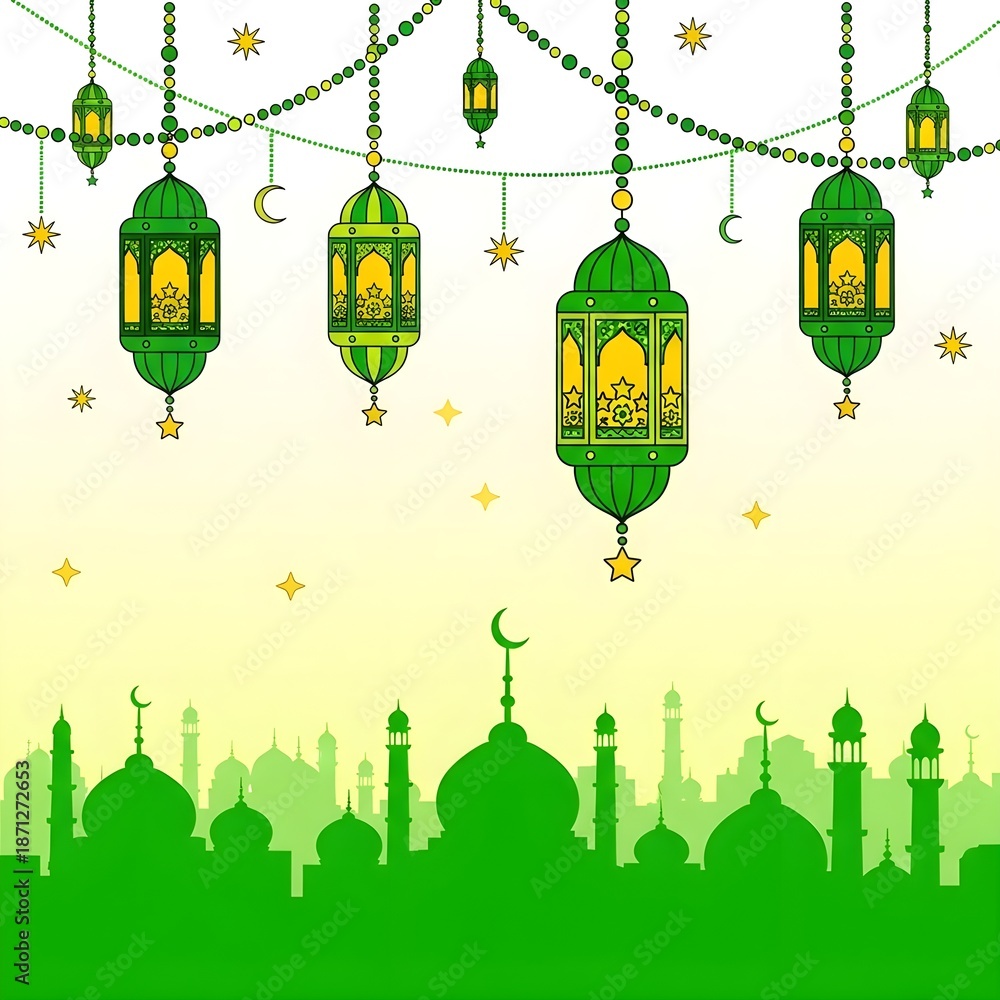 Obraz premium Vibrant green and gold illustration capturing the spirit of Islamic celebrations with ornate lanterns, mosque silhouettes, crescent moons, and stars