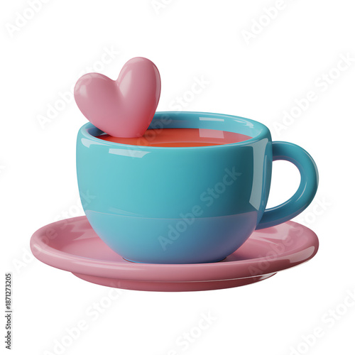 Blue Coffee Cup with Pink Heart on Saucer Isolated on White