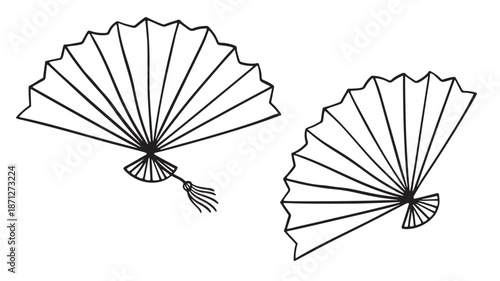Elegant folding fans illustration with tassels on transparent background silhouette