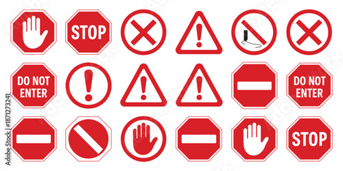 Stop sign warning sign prohibition sign red octagon circle triangle hand do not enter forbidden danger alert traffic sign road sign safety symbol icon graphic design illustration.