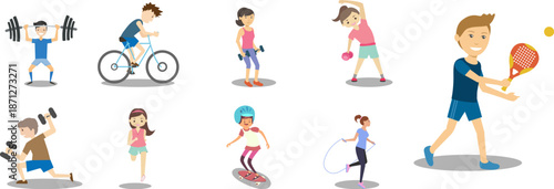 Sport and leisure icons set depicting people engaged in various physical activities and recreational hobbies.
