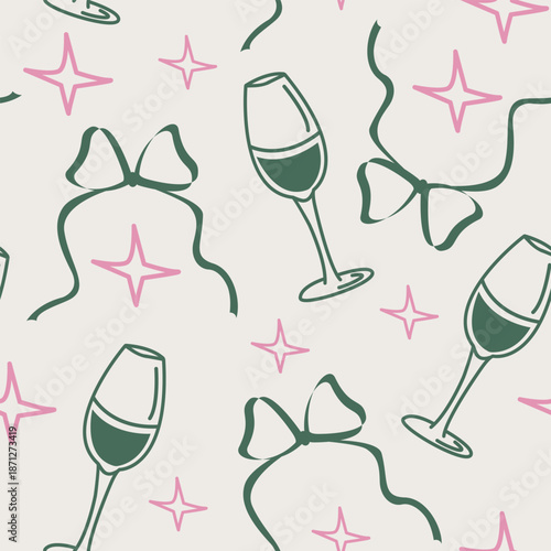 Seamless Party Pattern with Wine Glasses, Bows and Stars in Green and Pink Decorative Bows. Great for gift wrapping paper, party stationery, textile print, Bachelorette party, Girls night, Bridal show
