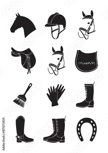 Black silhouette equestrian equipment including horse head saddle helmet boots gloves brush horseshoe