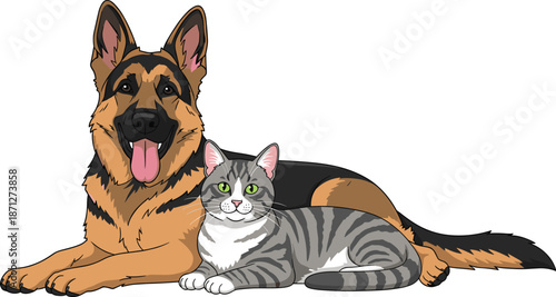 German Shepherd dog and grey tabby cat lying together, best friends pet illustration, friendly domestic animals portrait, loyal companion vector, art, design.