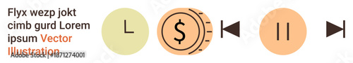 Media control, financial operations, digital money, streaming services, economic concepts, technology. Series of icons including play, pause and a dollar coin. Media control and financial operations