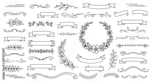 Massive collection of hand-drawn doodle elements including calligraphic dividers ribbons and a floral wreath for custom designs.