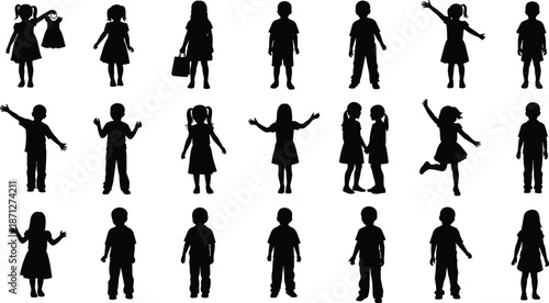 Collection of children silhouettes featuring young boys and girls standing, waving, jumping, holding bags, and playing in various happy childhood poses. (22 words)