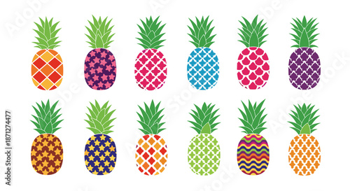 Collection of twelve decorative pineapple illustrations with various bright and colorful geometric patterns for a fun summer design.