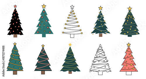 Collection of ten stylized Christmas tree illustrations in various simple and modern designs both in color and black outline versions.