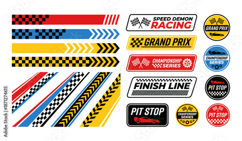 Racing elements set with checkered flags and stripes