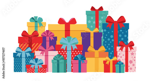 Large pile of colorful gift boxes with beautiful ribbons and bows stacked together for a birthday Christmas or other celebration.