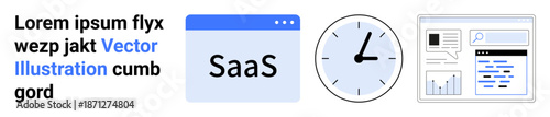 Software as a Service, productivity tools, time management, data analytics, business efficiency, workflow optimization. SaaS browser window, clock analytics dashboard. Software as a Service