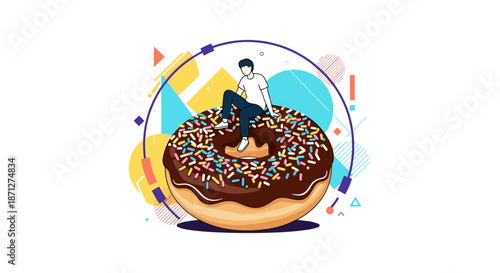 Modern flat illustration of a person relaxing on a giant chocolate donut with sprinkles against a background of abstract shapes.