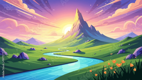 Majestic mountain peak overlooking a serene river valley under a vibrant sunset sky