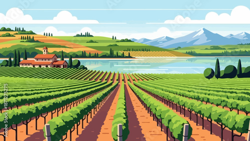 A picturesque vineyard landscape with a traditional building overlooking a tranquil lake and distant mountains