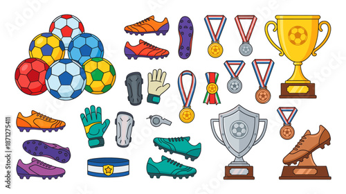 Soccer equipment and awards collection on white background