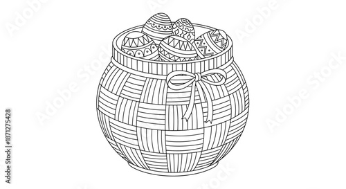 A beautifully detailed line art illustration of a woven Easter basket full of decorated eggs perfect for a coloring book page.