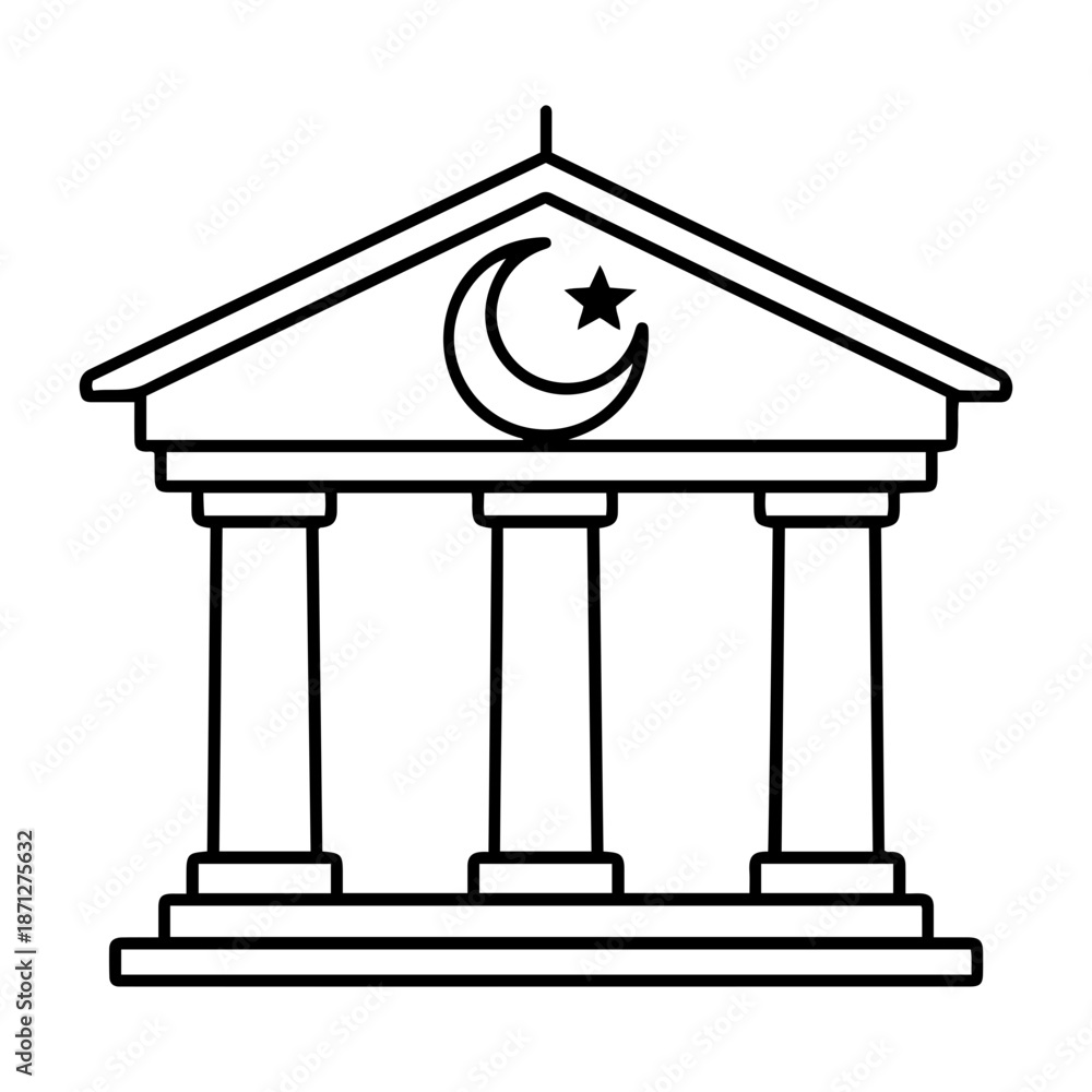 Naklejka premium Minimalist Line Art Icon of Islamic Bank Building with Crescent and Star