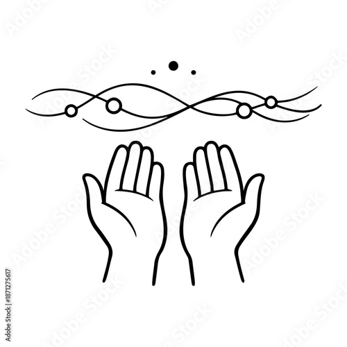 Minimalist Line Art Illustration of Open Hands Receiving Spiritual Energy and Healing Flow