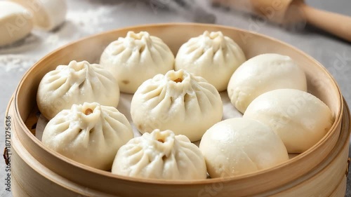Wallpaper Mural Freshly steamed Chinese baozi in a bamboo steamer with rising steam Torontodigital.ca