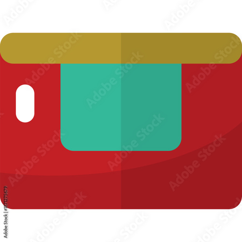 Red cartoon lunch box with teal and gold accents