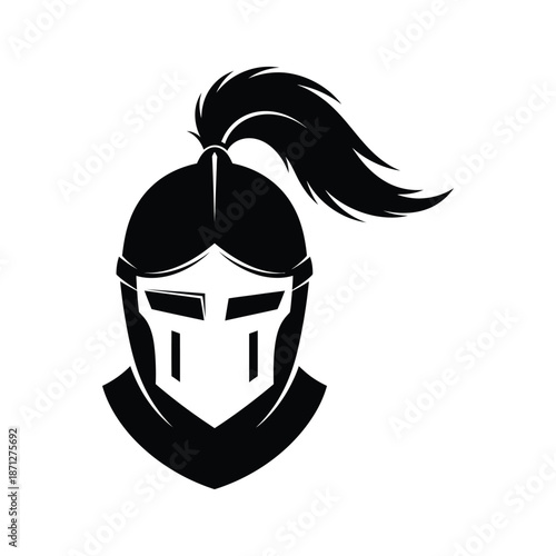 Medieval knight helmet silhouette icon with plume in bold black and white minimalist vector style