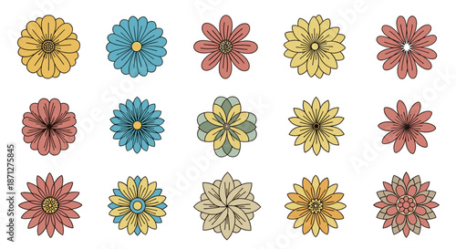 A vibrant collection of retro-inspired flower icons in a groovy 70s color palette with bold black outlines for design.