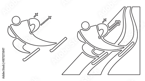 Line art of a person skiing duplicated and with stars on transparent background silhouette