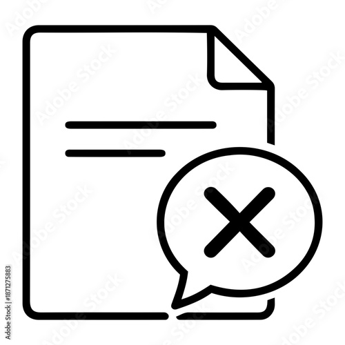 Document icon with cross mark in speech bubble representing rejection or error
