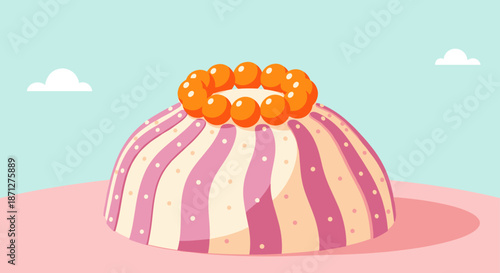 A whimsical cartoon illustration of a delicious striped and dotted dome cake against a simple pastel colored background.