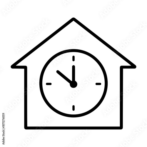 Minimalist Black Line Icon of House with Clock Representing Home Time Management Concept