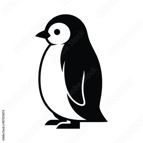 Black and white silhouette of a penguin standing on a white background bird animal