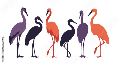 A stylized collection of elegant crane and stork bird silhouettes in striking purple orange and black colors for nature designs.
