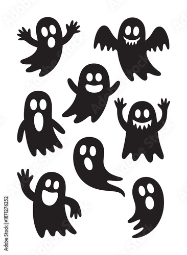 Collection of black cartoon ghosts with white eyes and mouths a white halloween spooky