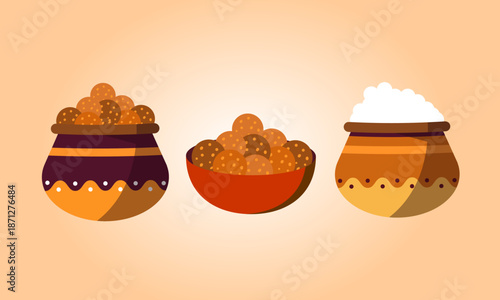 A vector illustration of three decorated pots and a bowl filled with traditional Indian sweets like ladoos and rice.