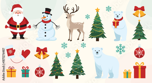 A charming collection of cute Christmas characters and holiday elements including Santa snowman reindeer and polar bears.