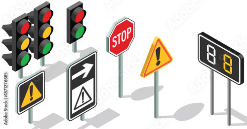 Traffic signal and road sign icon set, isometric vector illustration showing stop signs, pedestrian crossings, traffic lights, warning icons, and countdown timer designs for road safety and traffic 