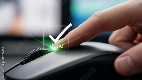 Digital Approval: Finger Clicking 'Done' on a Computer Mouse