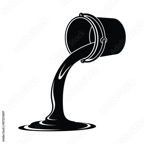 Minimalist black paint bucket pouring liquid in bold vector illustration with dynamic flowing motion on white background
