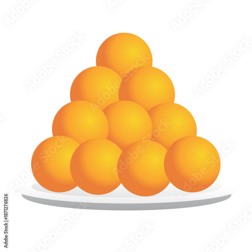 Golden orange Laddu sweets stacked in a neat pyramid on a white plate, a traditional Indian dessert.
