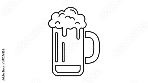 Simple line art illustration of a beer mug with foam on transparent background silhouette